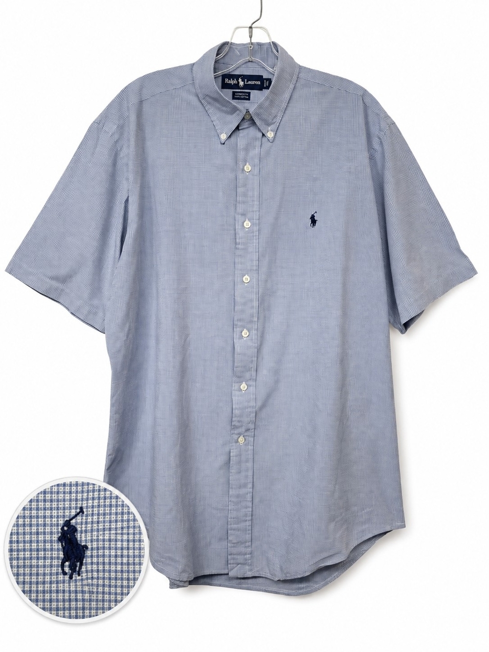 Ralph Lauren Yarmouth Men's 16 Blue White Micro Check Short Sleeve Shirt